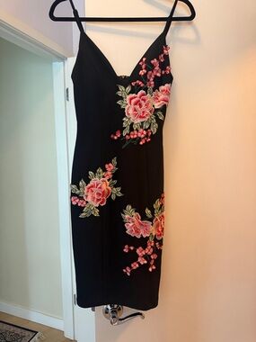 AKIRA Black Midi Slip Dress with Pink Floral Embroidery